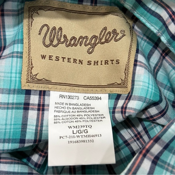 Wrangler Western Shirt Turquoise Plaid Snap Front Long Sleeve Men’s Large Cowboy - Picture 12 of 16